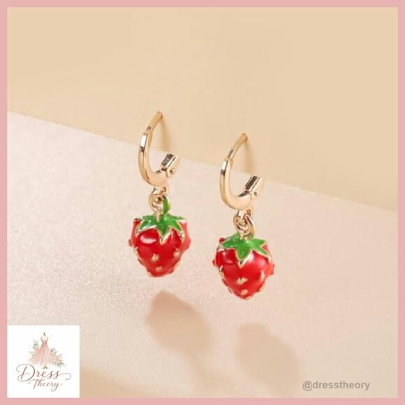 Small Strawberry Hoop Earrings Hypoallergenic Copper Dangle Jewelry Gift - Picture 6 of 8